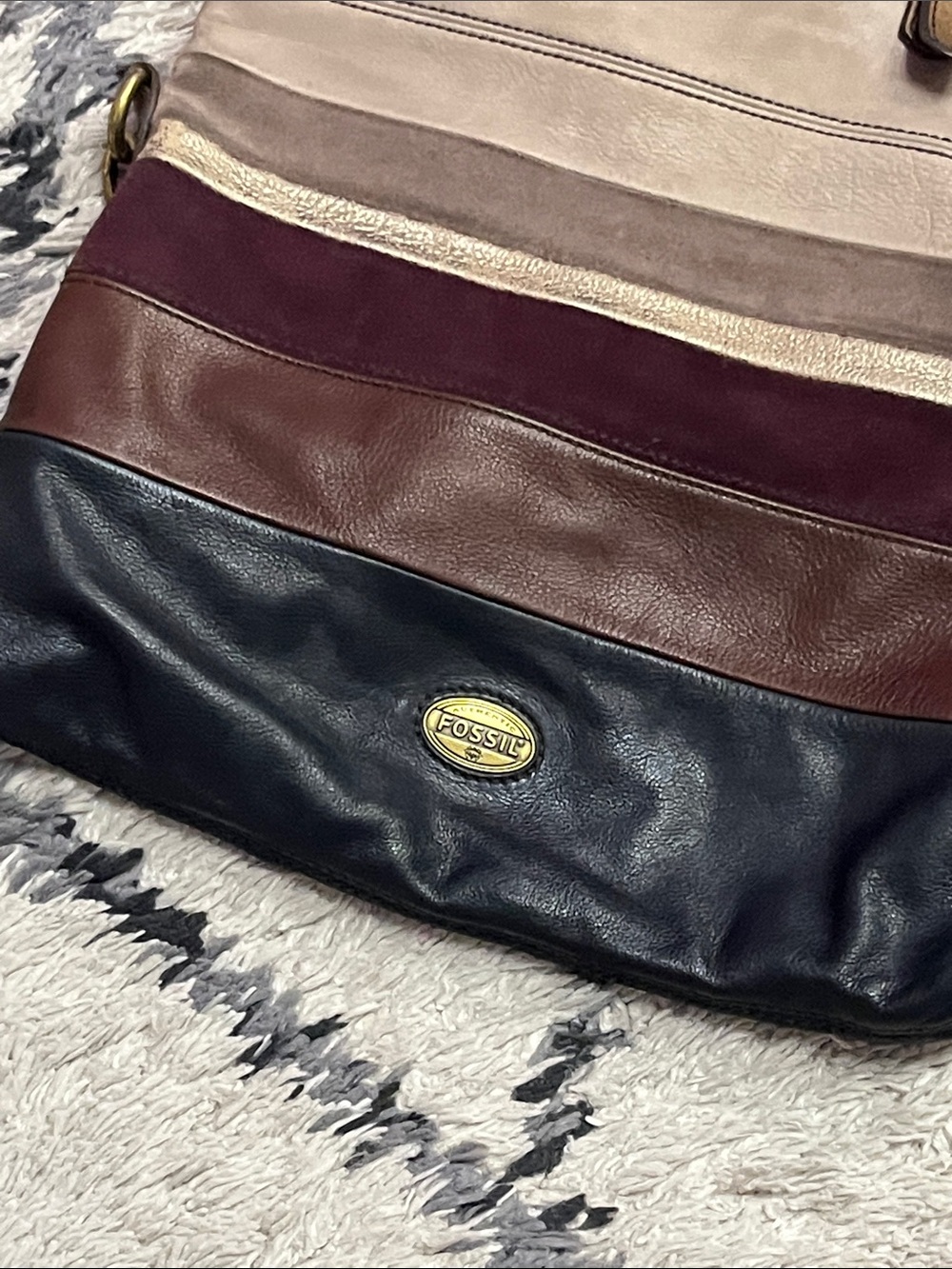 Fossil Explorer ZB5508 Leather Suede Patchwork Crossbody Tote Bag Multicolor - Picture 3 of 16